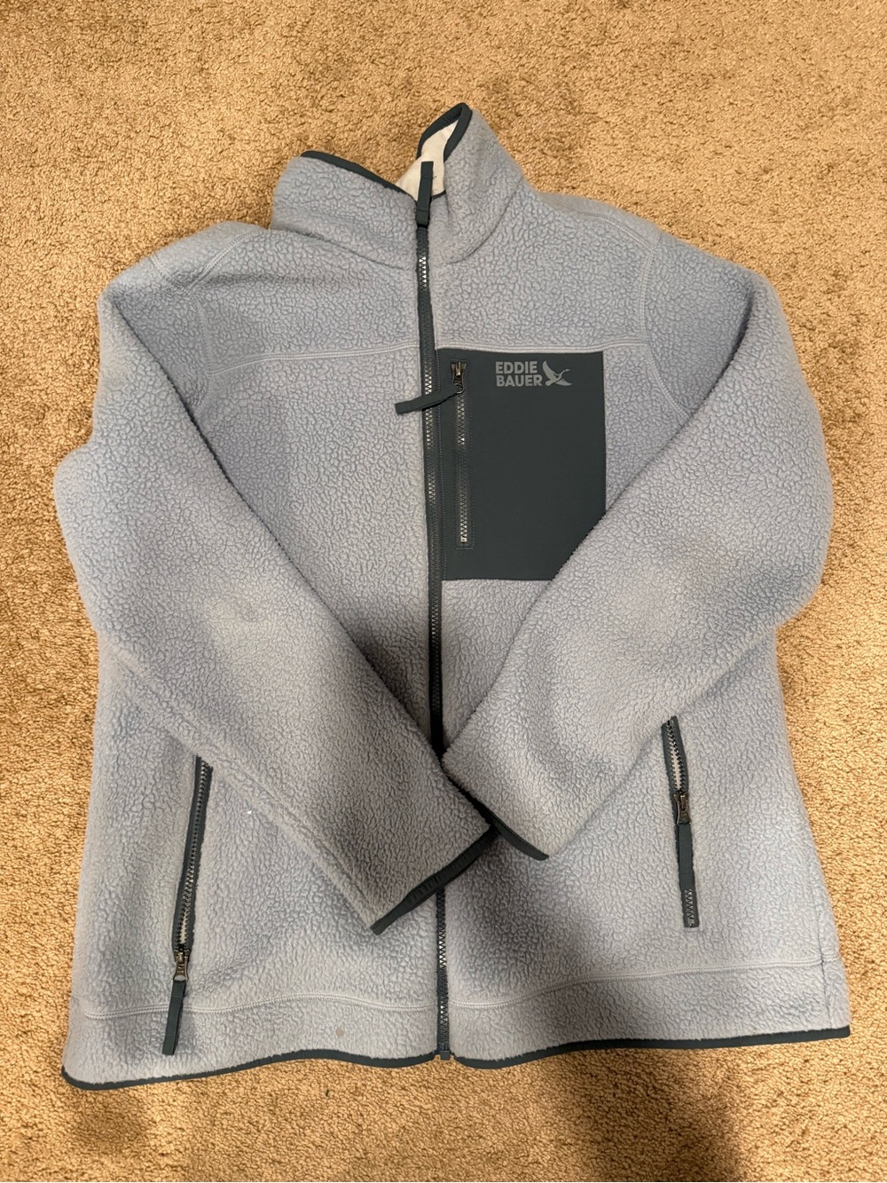 Eddie Bauer Blue / Gray Full-Zip Teddy Fleece Jacket with Dark Trim